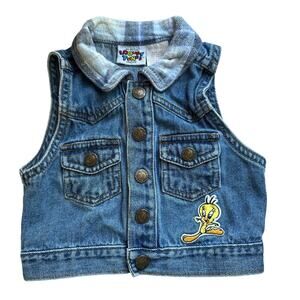 Vintage Looney Tunes Baby Tweety Denim‎ Vest Size 2T 100% Cotton Snap Front
